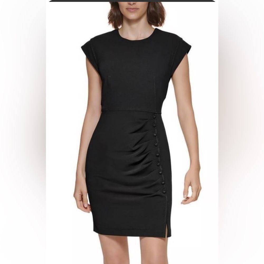Nwt Calvin Klein Button-Accent Ruched Black Cap Sleeved Sheath Size 12.